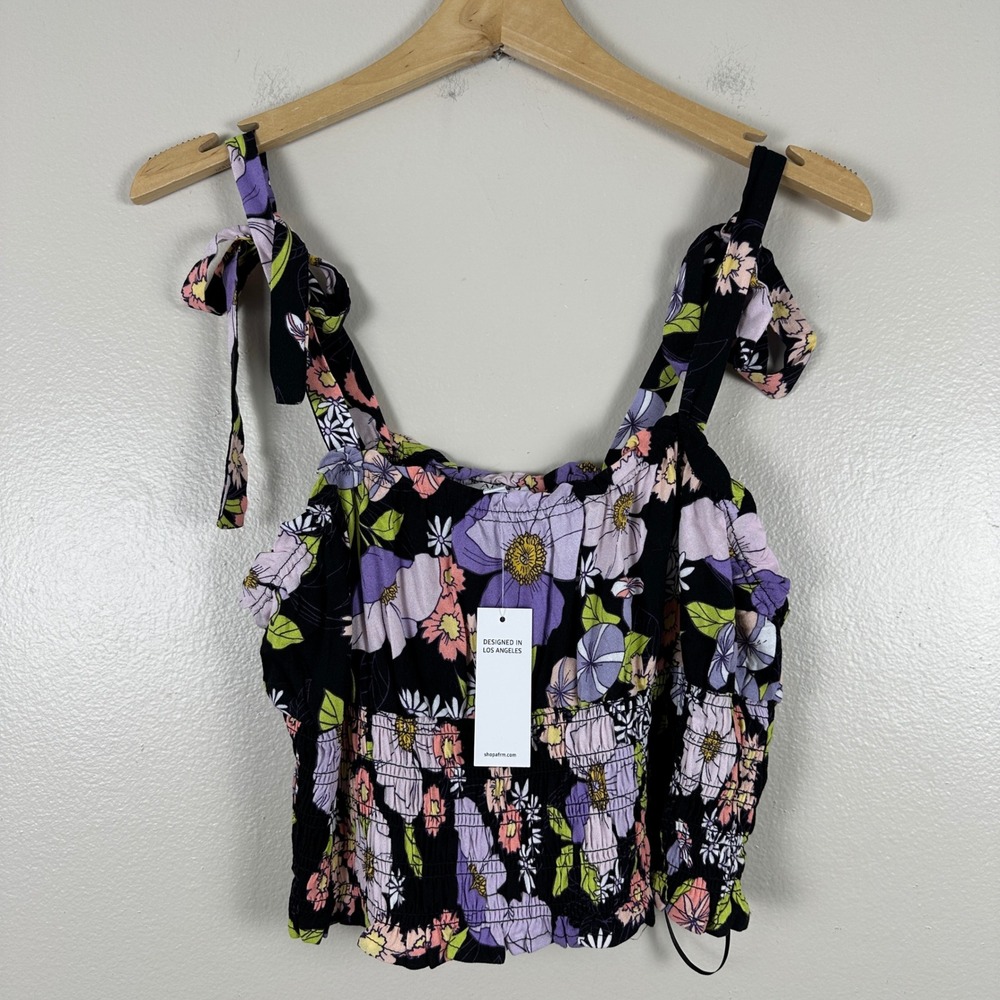 AFRM Women's XL Crop Top Black Floral Smocked‎ Tie Strap Vacation Travel NEW